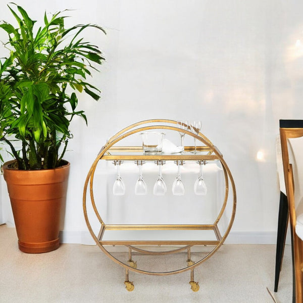 HomeRoots Gold 36" Round Rolling Kitchen Cart - Elegant Mobile Bar with Storage, Mirror Shelves & Wine Rack 376018