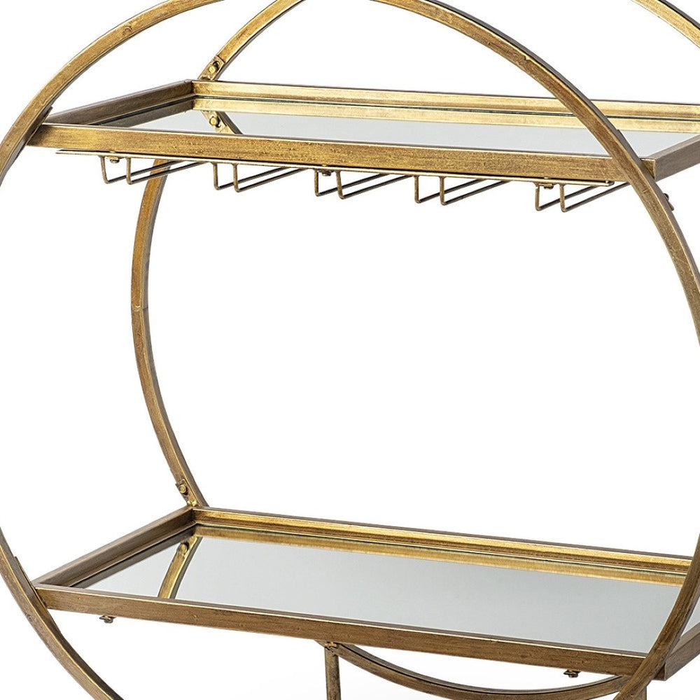 HomeRoots Gold 36" Round Rolling Kitchen Cart - Elegant Mobile Bar with Storage, Mirror Shelves & Wine Rack 376018