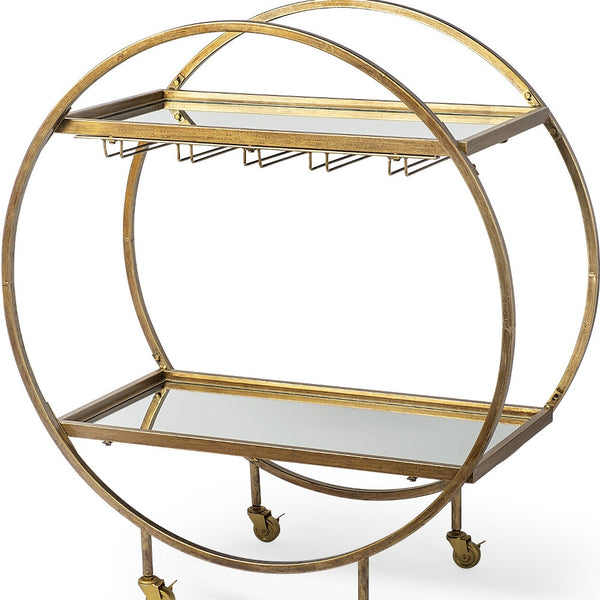 Homeroots Showstopper Circular Rolling Gold Bar Cart  Metal 376018