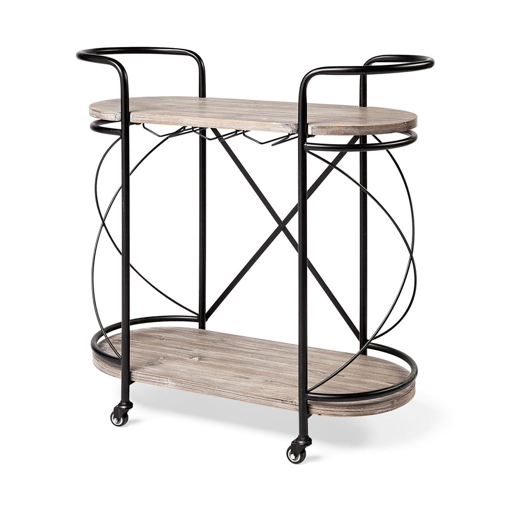 Homeroots Cyclider Black Metal With Two Wooden Shelves Bar Cart  Metal 376019