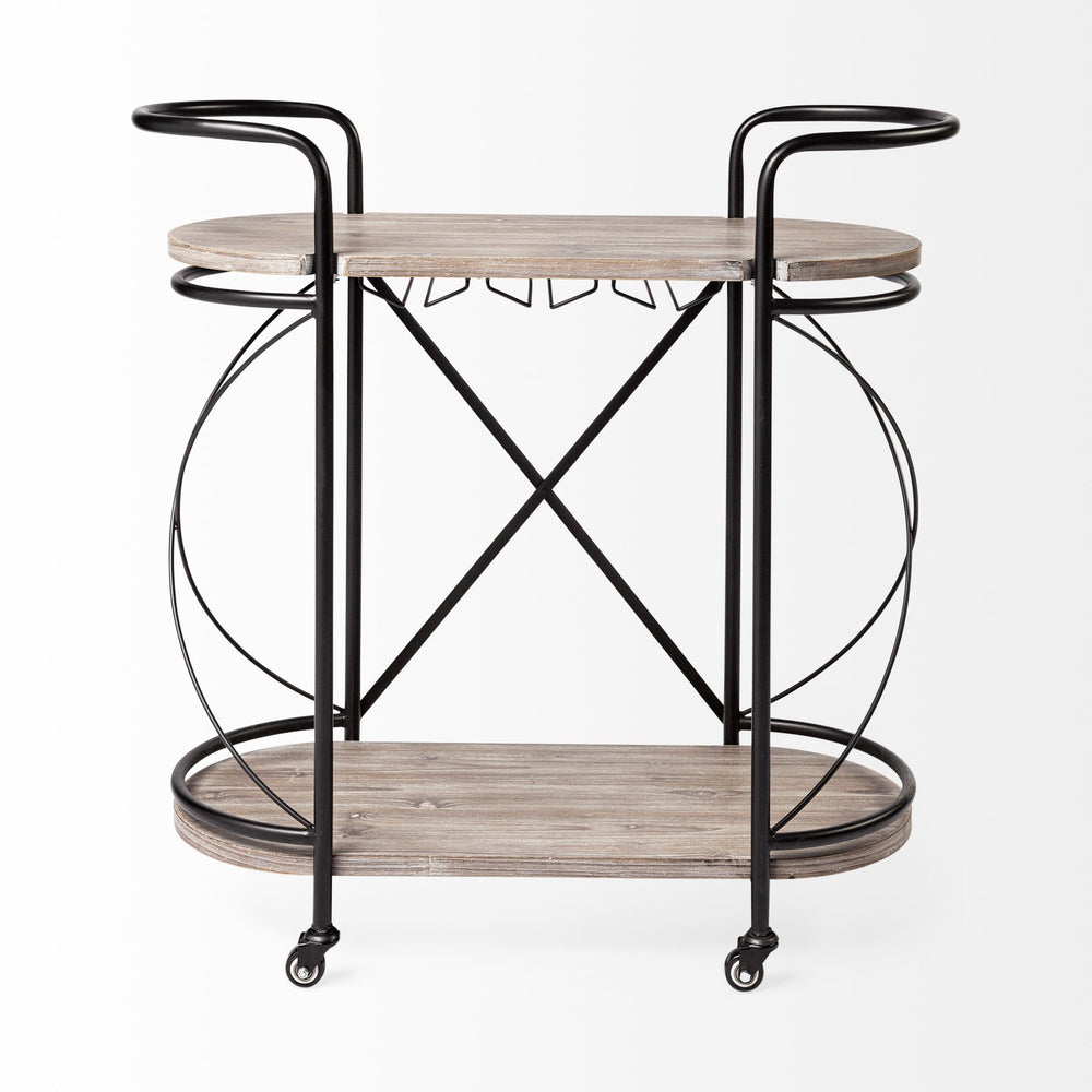 Homeroots Cyclider Black Metal With Two Wooden Shelves Bar Cart  Metal 376019