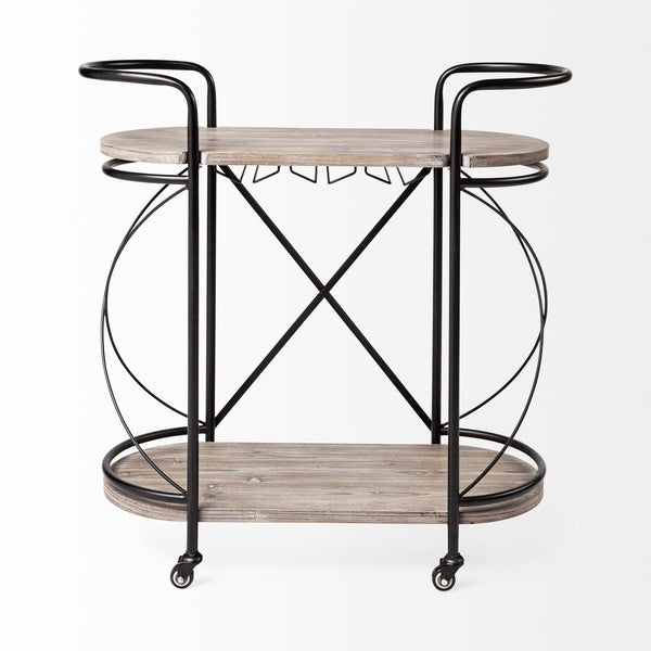 Homeroots Cyclider Black Metal With Two Wooden Shelves Bar Cart  Metal 376019