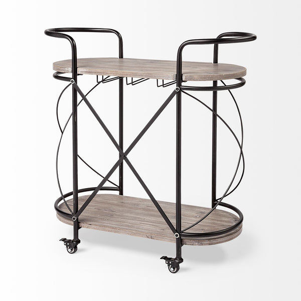 Homeroots Cyclider Black Metal With Two Wooden Shelves Bar Cart  Metal 376019