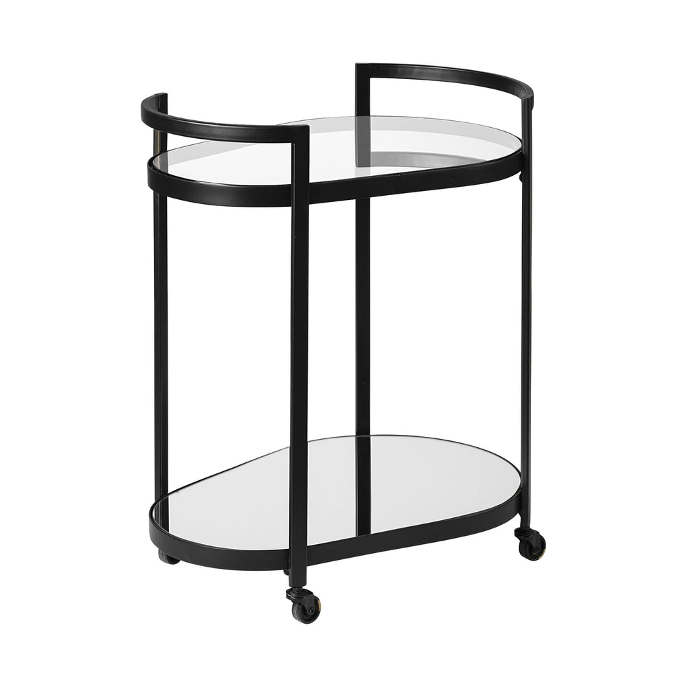 Homeroots Cyclider Black Metal With Two Mirror Glass Shelves Bar Cart  Metal 376020