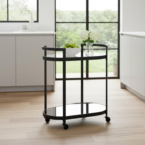HomeRoots Cyclider Black Metal Bar Cart with Mirrored Glass Shelves - Modern, Mobile Beverage Station & Storage 376020
