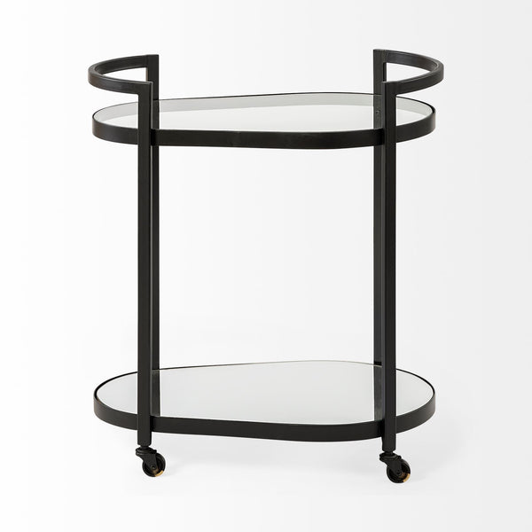 Homeroots Cyclider Black Metal With Two Mirror Glass Shelves Bar Cart  Metal 376020