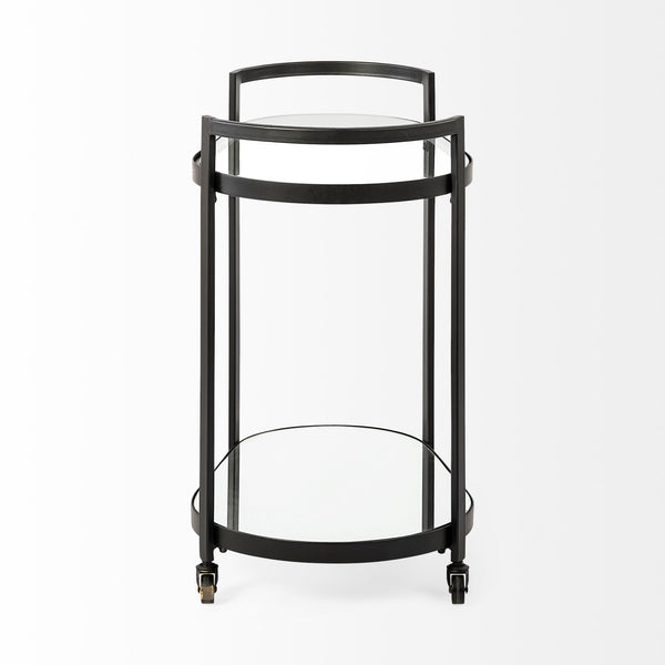 Homeroots Cyclider Black Metal With Two Mirror Glass Shelves Bar Cart  Metal 376020