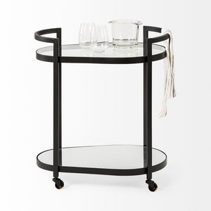 Homeroots Cyclider Black Metal With Two Mirror Glass Shelves Bar Cart  Metal 376020