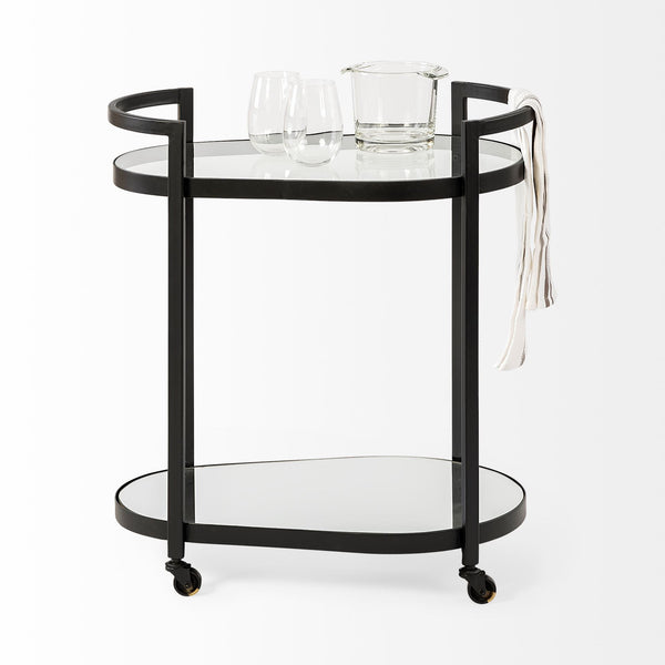 Homeroots Cyclider Black Metal With Two Mirror Glass Shelves Bar Cart  Metal 376020
