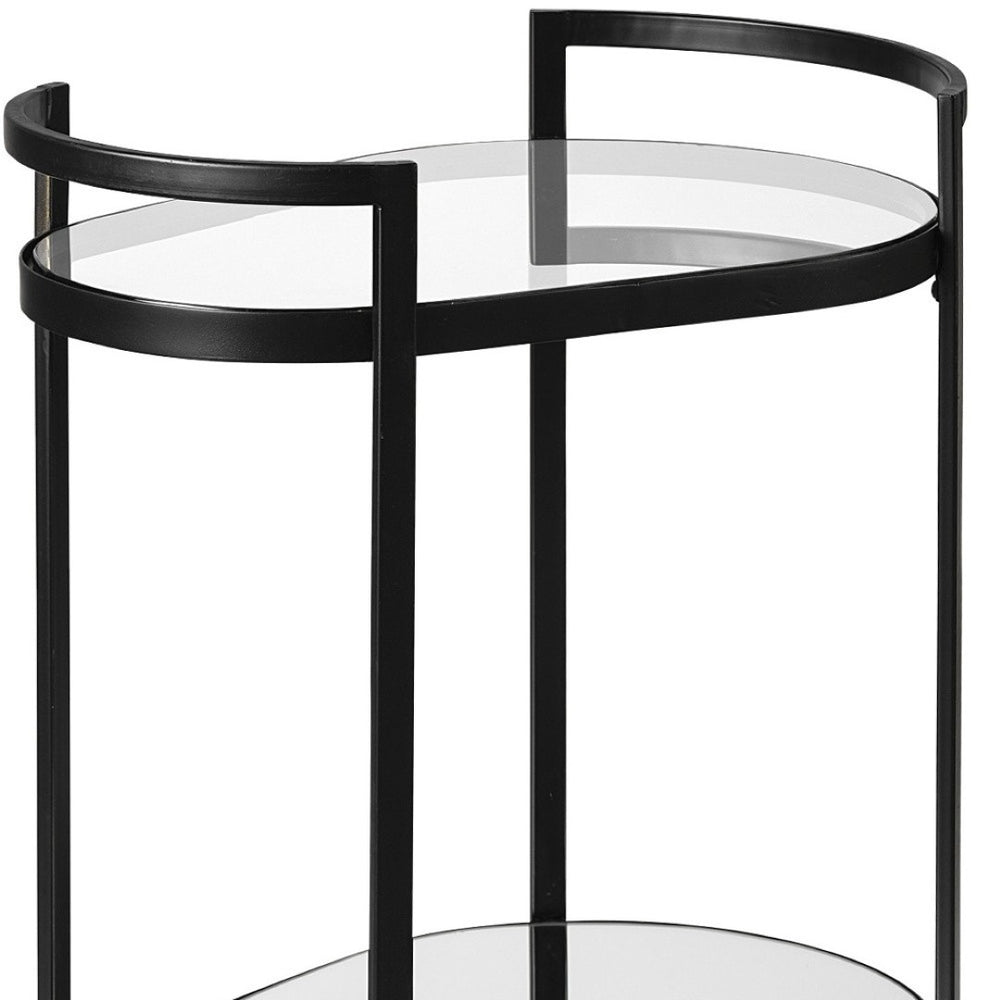 HomeRoots Cyclider Black Metal Bar Cart with Mirrored Glass Shelves - Modern, Mobile Beverage Station & Storage 376020