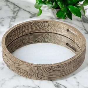 Homeroots 20" Light Brown Round Wood Indoor Outdoor Serving Tray With Handles   376022