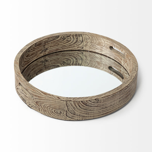 Homeroots 20" Light Brown Round Wood Indoor Outdoor Serving Tray With Handles   376022