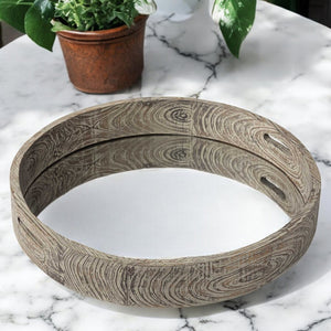 Homeroots 28" Natural And Brown Round Wood Indoor Outdoor Tray With Handles   376023