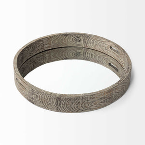 Homeroots 28" Natural And Brown Round Wood Indoor Outdoor Tray With Handles   376023