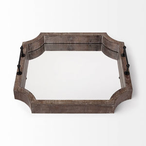 Homeroots 23" Brown Hexagonal Wood And Mirrored Glass Serving Tray With Handles   376024