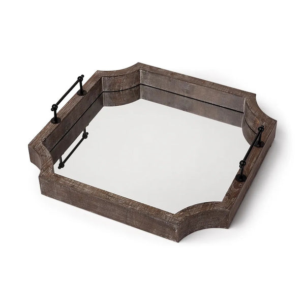 Homeroots 23" Brown Hexagonal Wood And Mirrored Glass Serving Tray With Handles   376024