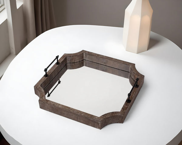 Homeroots 23" Brown Hexagonal Wood And Mirrored Glass Serving Tray With Handles   376024