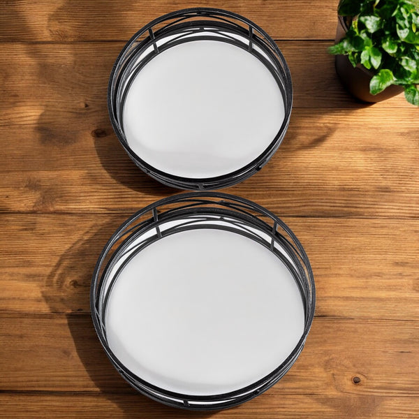 Homeroots Set Of Two Black Round Metal Indoor Outdoor Tray With Handles   376025