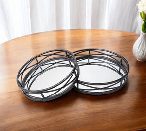 HomeRoots Set of Two Elegant Black Round Metal and Mirrored Glass Vanity Trays for Home Decor and Organization 376025