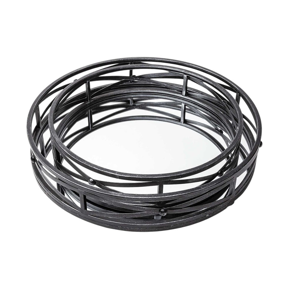 HomeRoots Set of Two Elegant Black Round Metal and Mirrored Glass Vanity Trays for Home Decor and Organization 376025