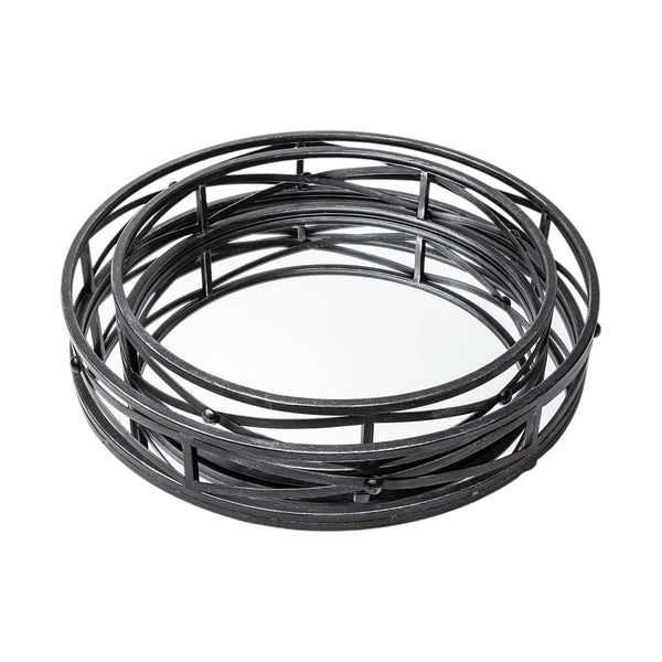 HomeRoots Set of Two Elegant Black Round Metal and Mirrored Glass Vanity Trays for Home Decor and Organization 376025