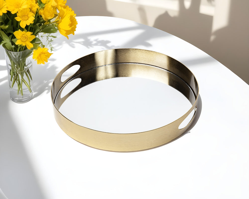 Homeroots 15" Gold Round Metal Indoor Outdoor Tray With Handles   376026