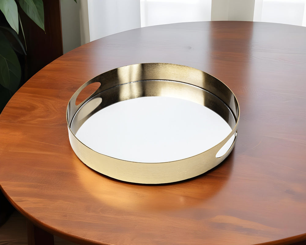 Homeroots 15" Gold Round Metal Indoor Outdoor Tray With Handles   376026