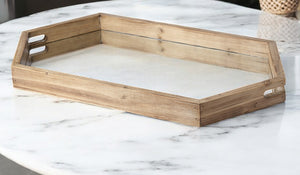 Homeroots 19" Natural And Brown Hexagon Wood Indoor Outdoor Tray With Handles   376029