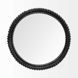 Homeroots 21" Matte Black Wood With Bead Mirrored Glass Bottom Round Tray   376030