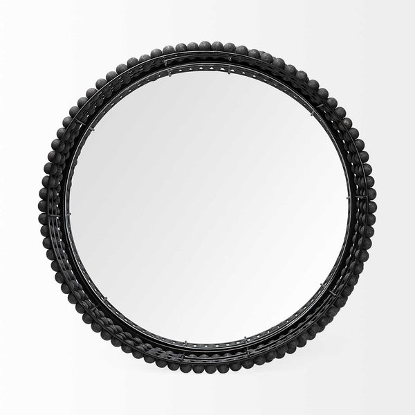 Homeroots 21" Matte Black Wood With Bead Mirrored Glass Bottom Round Tray   376030