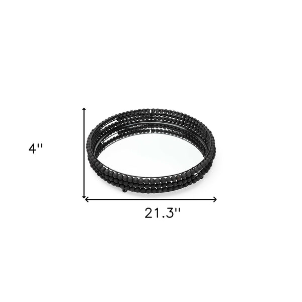 Homeroots 21" Matte Black Wood With Bead Mirrored Glass Bottom Round Tray   376030