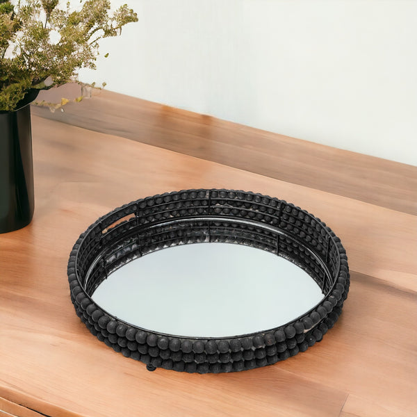 Homeroots 21" Matte Black Wood With Bead Mirrored Glass Bottom Round Tray   376030
