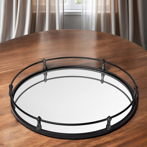 HomeRoots 24" Silver Round Metal Tray with Handles - Elegant Indoor/Outdoor Decor & Versatile Wall Mirror 376035