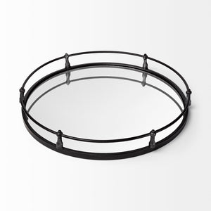 HomeRoots 24" Silver Round Metal Tray with Handles - Elegant Indoor/Outdoor Decor & Versatile Wall Mirror 376035