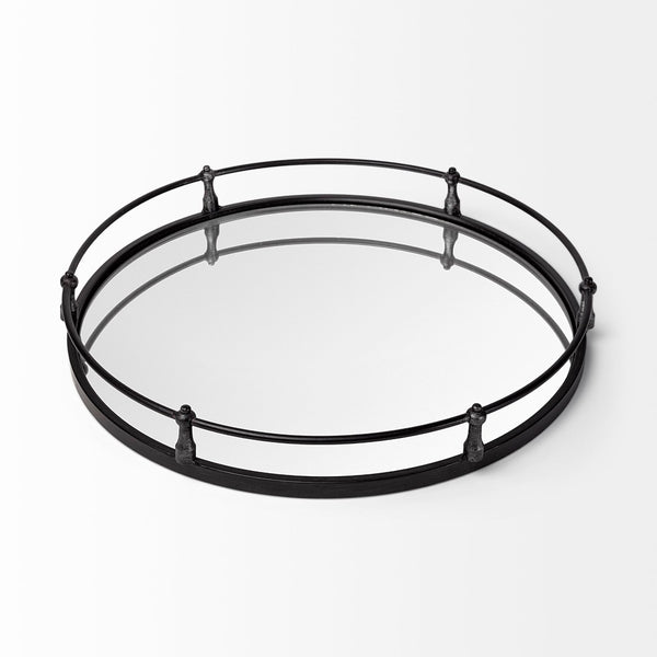 HomeRoots 24" Silver Round Metal Tray with Handles - Elegant Indoor/Outdoor Decor & Versatile Wall Mirror 376035