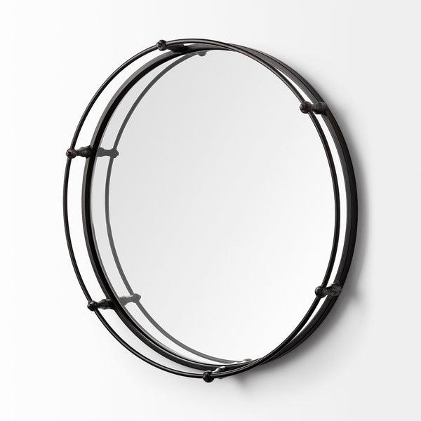 HomeRoots 24" Silver Round Metal Tray with Handles - Elegant Indoor/Outdoor Decor & Versatile Wall Mirror 376035