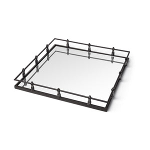 Homeroots Natural Finish Metal With Mirrored Glass Bottom And Railing Handle Tray   376036