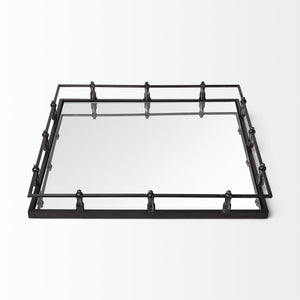 Homeroots Natural Finish Metal With Mirrored Glass Bottom And Railing Handle Tray   376036