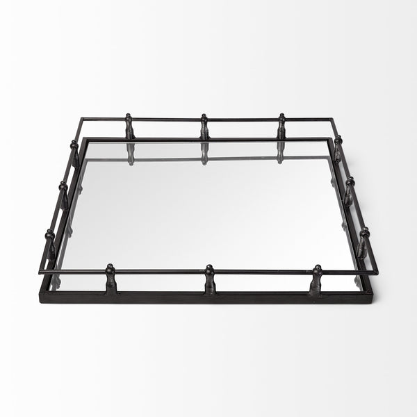Homeroots Natural Finish Metal With Mirrored Glass Bottom And Railing Handle Tray   376036