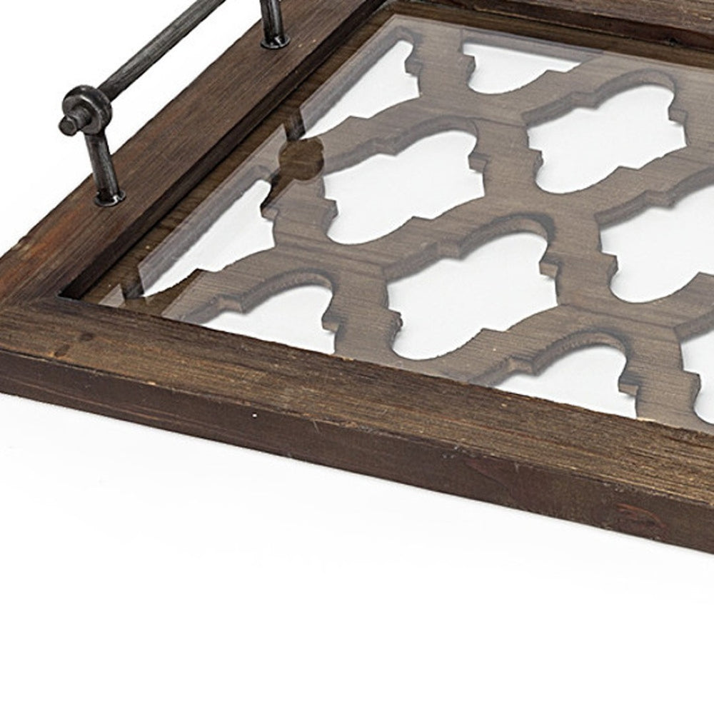 HomeRoots 35" Elegant Silver Wood Serving Tray with Glass Top & Handles – Perfect for Indoor/Outdoor Use! 376037
