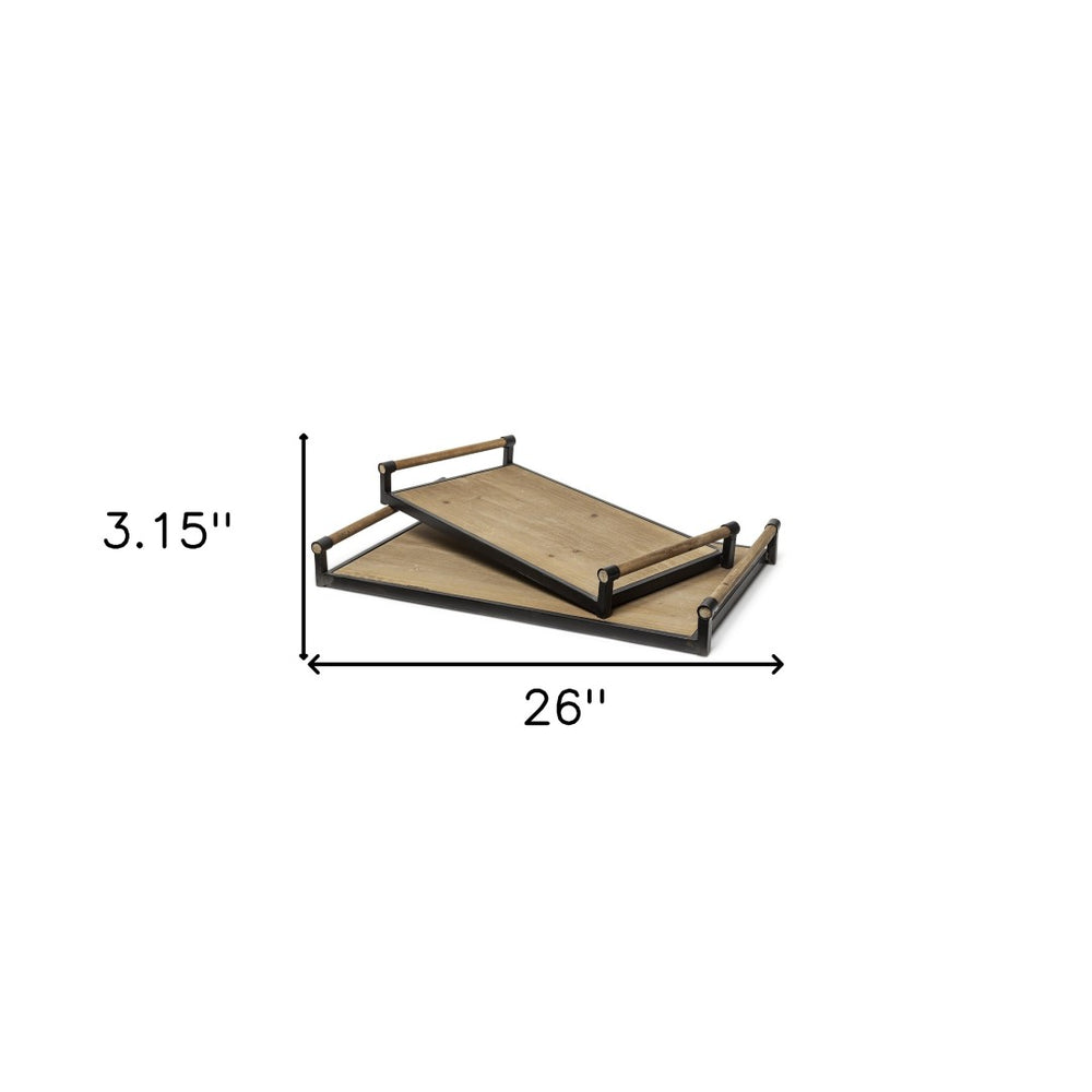 HomeRoots Set of Two Elegant Brown Wood Serving Trays with Handles for Indoor and Outdoor Use, Gift Ready! 376039