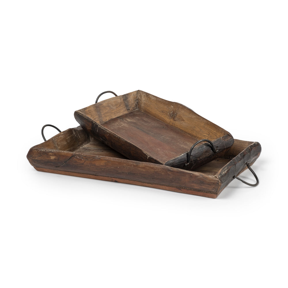 Homeroots Set Of Two Brown Rectangular Wood Indoor Outdoor Serving Tray With Handles   376040