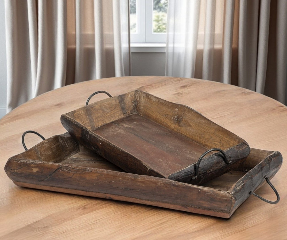 HomeRoots Set of Two Brown Rectangular Wood Serving Trays with Handles - Eco-Friendly, Versatile, Durable Design 376040