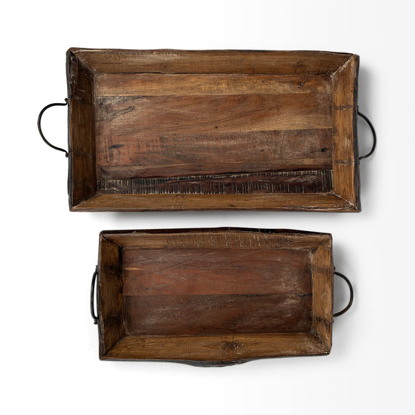 Homeroots Set Of Two Brown Rectangular Wood Indoor Outdoor Serving Tray With Handles   376040
