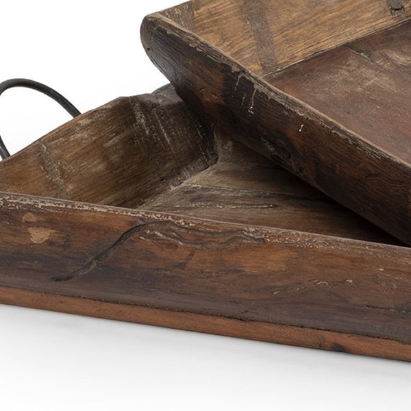 HomeRoots Set of Two Brown Rectangular Wood Serving Trays with Handles - Eco-Friendly, Versatile, Durable Design 376040