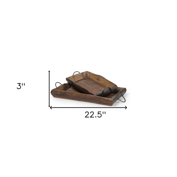 HomeRoots Set of Two Brown Rectangular Wood Serving Trays with Handles - Eco-Friendly, Versatile, Durable Design 376040