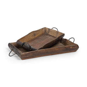 Homeroots Set Of Two Brown Rectangular Wood Indoor Outdoor Serving Tray With Handles   376040