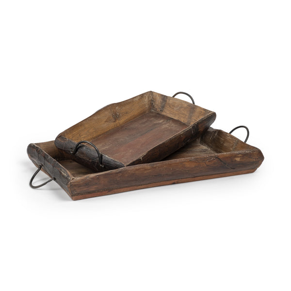 Homeroots Set Of Two Brown Rectangular Wood Indoor Outdoor Serving Tray With Handles   376040
