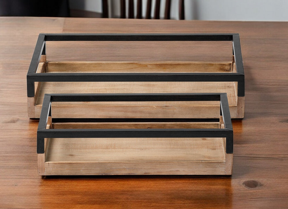 Homeroots Set Of Two Brown Wood Indoor Outdoor Tray With Handles   376041