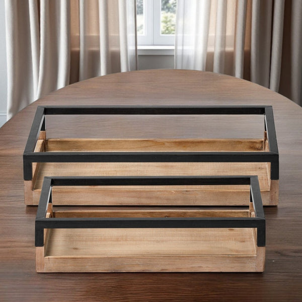 HomeRoots Set of Two Rustic Brown Wood Trays with Handles for Indoor & Outdoor Serving and Décor 376041